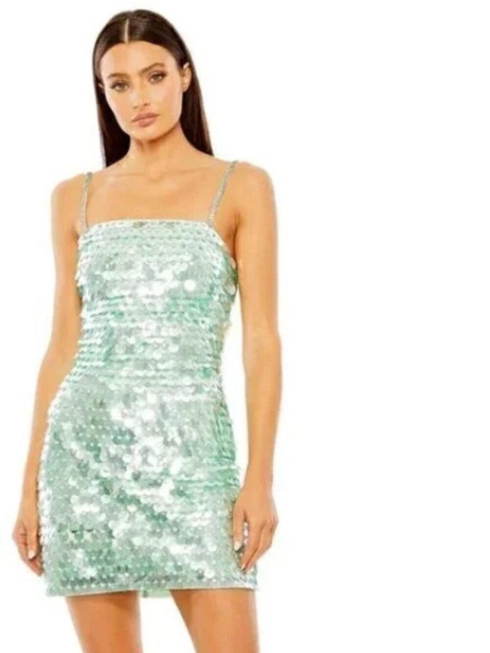 MAC DUGGAL Paillette Square Neck Cocktail Minidress in Mint Size Small